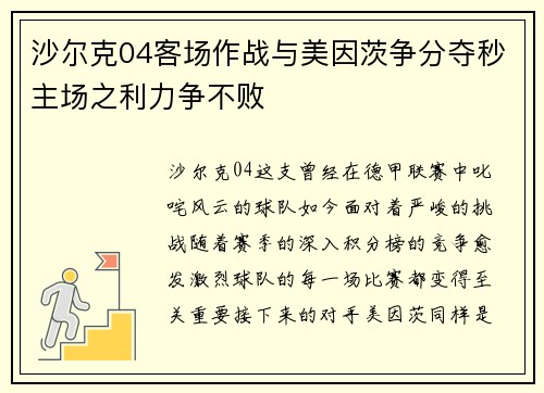 沙尔克04客场作战与美因茨争分夺秒主场之利力争不败
